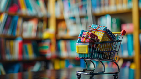 A shopping cart overflowing with presents stands in front of a bookshelf filled with books, showcasing a festive and gift-filled sceneの素材