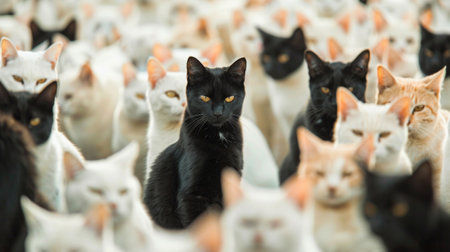One black cat stars directly at the camera, surrounded by a crowd of white cats.の素材