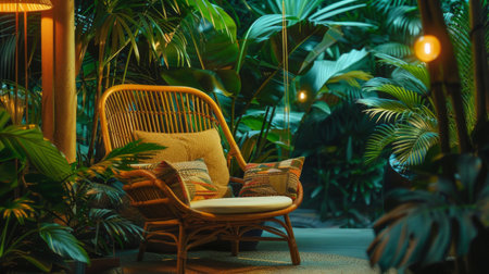 A modern wicker chair and a sleek lamp are positioned amidst numerous plants in a roomの素材