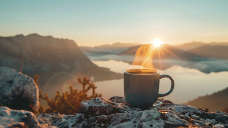 Steaming mug of coffee on a rocky mountain peak with sunrise and sea of clouds.の素材