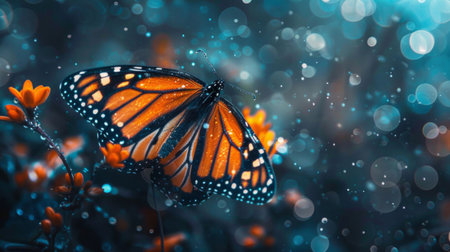 Close up of a Monarch butterfly perched delicately on a flower, showing vibrant colors and intricate detailsの素材