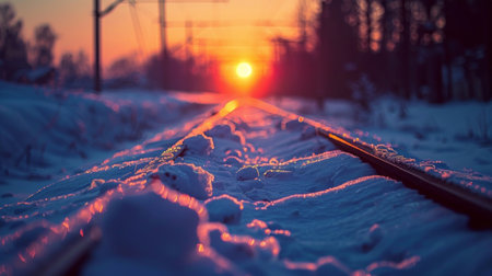 A train track stretches into the distance with the sun setting behind it, casting a warm glow over the winter landscapeの素材