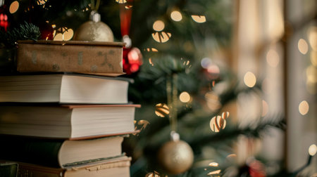 A cozy Christmas setting with a stack of books and festive ornaments lit by the warm, glowing lights of a Christmas tree.の素材