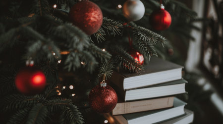 Books stacked against the backdrop of a Christmas tree adorned with red and silver ornaments, evoking a festive spirit.の素材