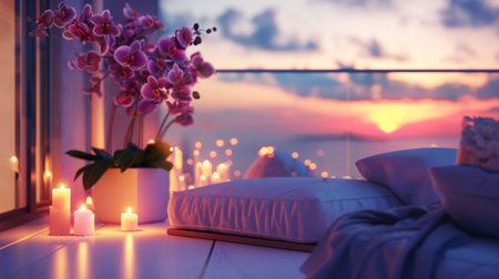 Intimate and tranquil setting featuring lit candles, orchids, and a pillow by a window at sunset.の素材