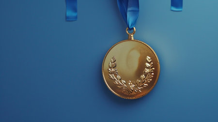 Gold medal with laurel wreath design hanging by a blue ribbon on a plain blue backdrop.の素材