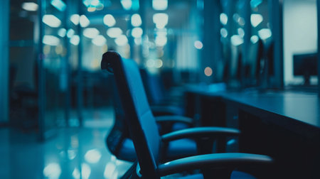 A row of chairs lined up next to each other in an empty office spaceの素材