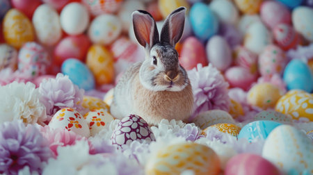An Easter bunny seated amidst a stack of colorful eggsの素材