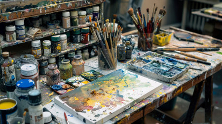 A chaotic and colorful painter's table filled with brushes, paints, and a palette, evoking the creative process.の素材