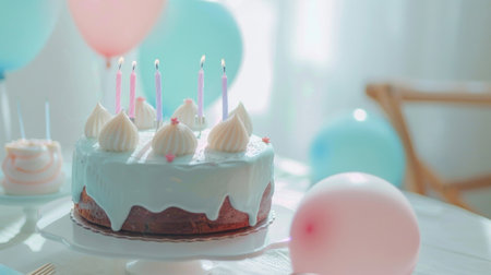 Soft pastel birthday cake with lit candles and matching balloons, capturing a gentle celebration atmosphere.の素材
