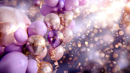 Elegant celebration background with purple and white balloons surrounded by golden sparkles and bokeh lights.の素材