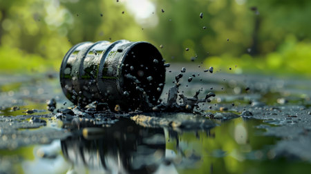 A wine barrel with a dynamic water splash in a natural green environment.の素材