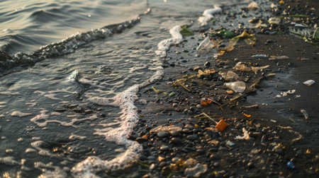 Polluted beach scene with plastic waste and debris littering the shoreline, a stark reminder of environmental neglect.の素材