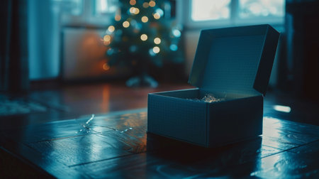 Mysterious open gift box emitting magical lights, with a Christmas tree in the background.の素材