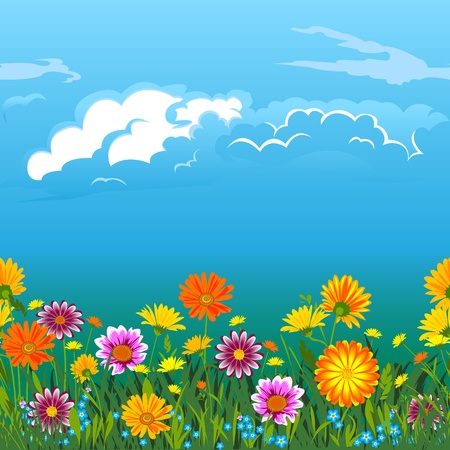 Flowers, green  grass, sky  and  clouds. Seamless horizontally.のイラスト素材