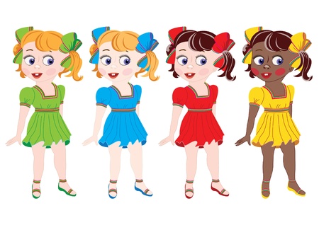 Collection of girls of different nationalities in dresses of different colour.のイラスト素材