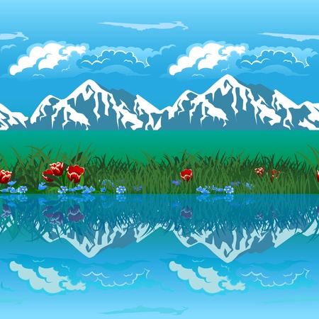 Landscape -  mountains  in the snow, clouds, lake. Seamless  horizontally.のイラスト素材