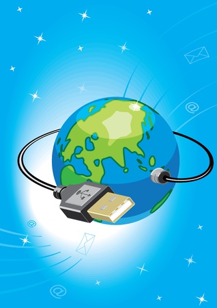 Globe with USB a socket. To modify this file you will need vector editing software such as Adobe Illustrator, Freehand, or CorelDRAW.のイラスト素材
