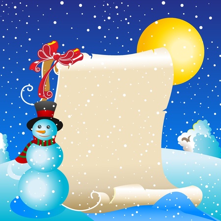 Scroll of old parchment against the winter landscape. The moon, snow, snowman.のイラスト素材