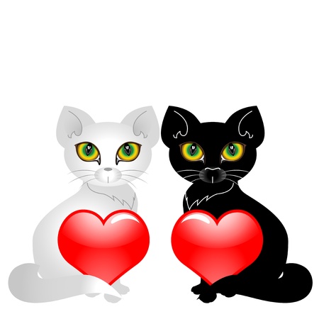 Black and white cat holding two hearts.のイラスト素材