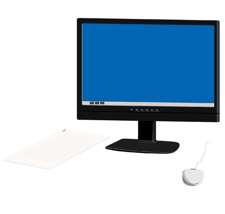 The monitor, the computer mouse and paper pile on a white background.のイラスト素材