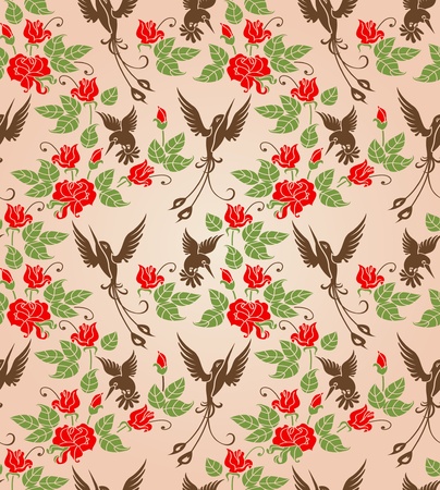 Shrub roses and birds  Stylized ornament  Seamless のイラスト素材