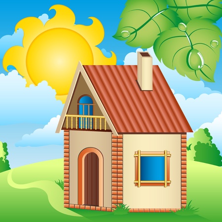 Country house in the meadow  Sun, clouds, green leaves のイラスト素材