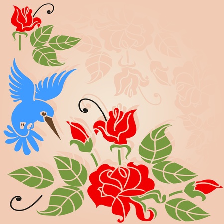 Rose bush and a bird  Stylized corner ornament のイラスト素材