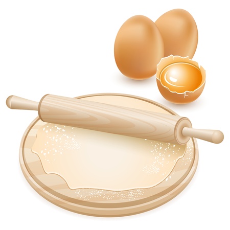 Dough and rolling pin on a wooden board  Raw chicken eggs のイラスト素材