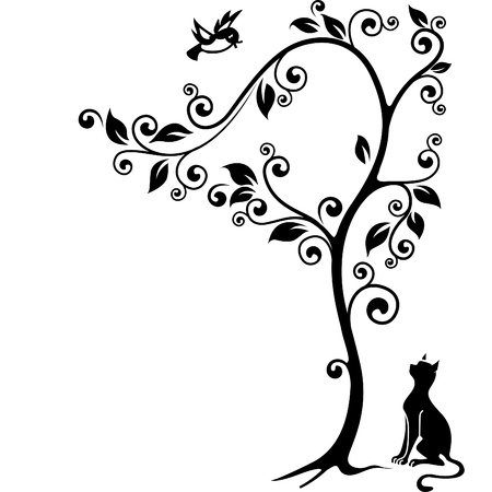 Cat under a tree looking at the bird  Black-and-white illustration