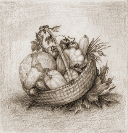 Drawing  Basket with vegetables and autumn leaves  Sepia の写真素材