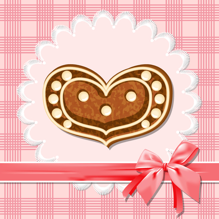 Gingerbread heart on a pink napkin  Red ribbon with a bow のイラスト素材