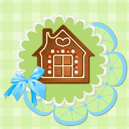 Gingerbread house on a green napkin  Blue bow のイラスト素材