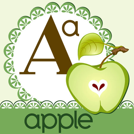 Alphabet. The letter A. Apple on green napkin.のイラスト素材