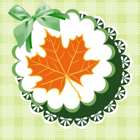Autumn leaves on a green napkin with a bow.のイラスト素材