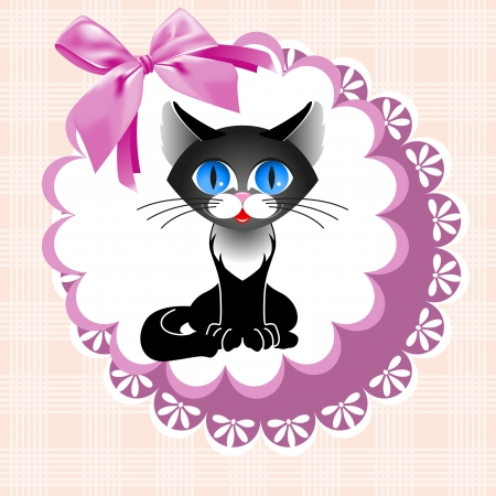  Black cat on a pink napkin with a bow.のイラスト素材
