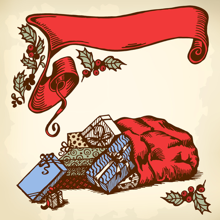 Boxes with gifts dropped out of the bag. Banner tape.のイラスト素材