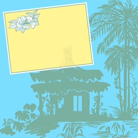 Bungalow under a palm tree near the water. Color drawing.のイラスト素材