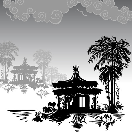 Bungalow under a palm tree near the water. Monochrome drawing.のイラスト素材