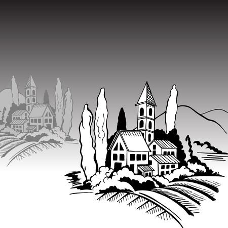 Southern landscape - houses, mountains cypresses. Black-and-white drawing.のイラスト素材