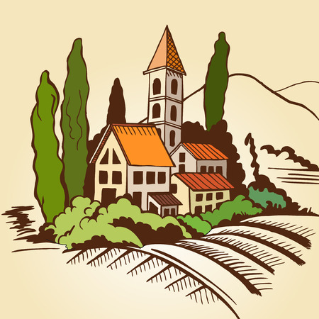 Southern landscape - houses and mountains and cypresses. Color drawing.のイラスト素材