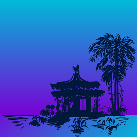 Bungalow under a palm tree near the water. Color drawing.のイラスト素材