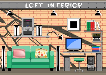 Interior room in the loft for teen boys. Set subjects.のイラスト素材