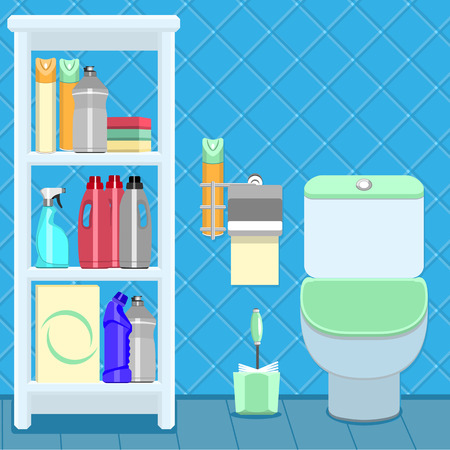 The toilet bowl and shelf with household cleaning products. Tiles on the wall.のイラスト素材