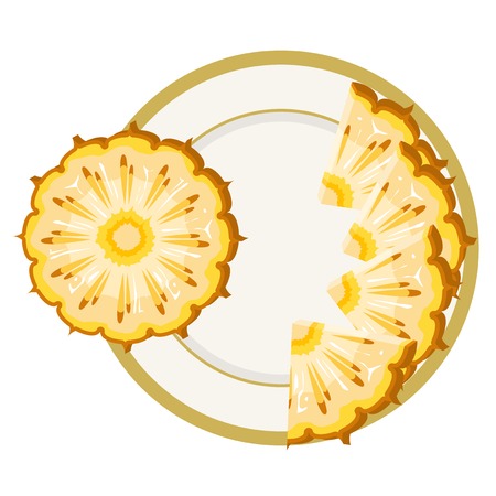 Sliced ripe pineapple lying on a white plate.のイラスト素材