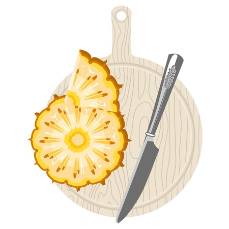 Pineapple slices on a cutting board. Nearby lies the knife.のイラスト素材
