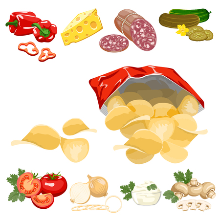 Potato chips in a red bag and ingredients on a white background.のイラスト素材