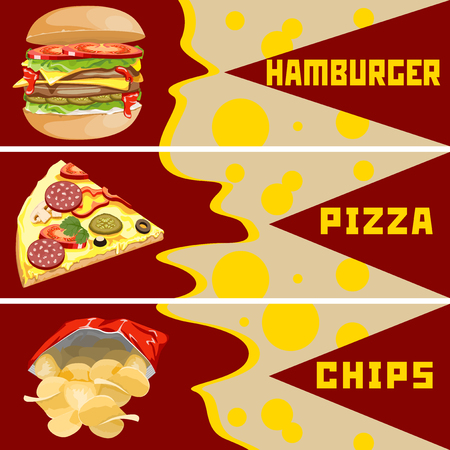 Chips burgers and pizza. Templates for banners.のイラスト素材