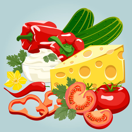 A set of products for cooking pizza. Vegetables on a blue background.のイラスト素材