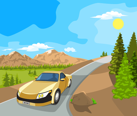 Summer landscape. Mountains, plains and cars on the road. Blue sky.のイラスト素材